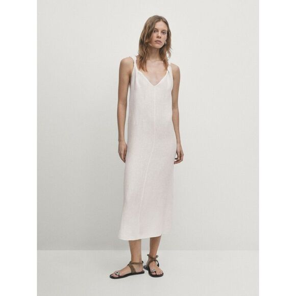 Massimo Dutti Womens Midi Dress M White Linen With Strap Details 6609/609 NWT - Picture 1 of 12
